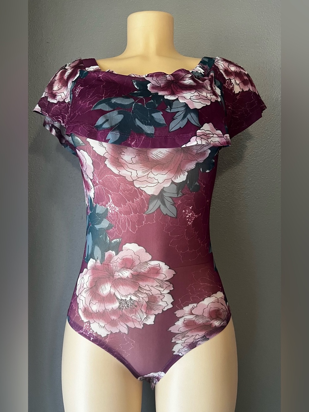 Charlotte Russe Plum Floral Mesh Bodysuit with Blush Blooms size Small